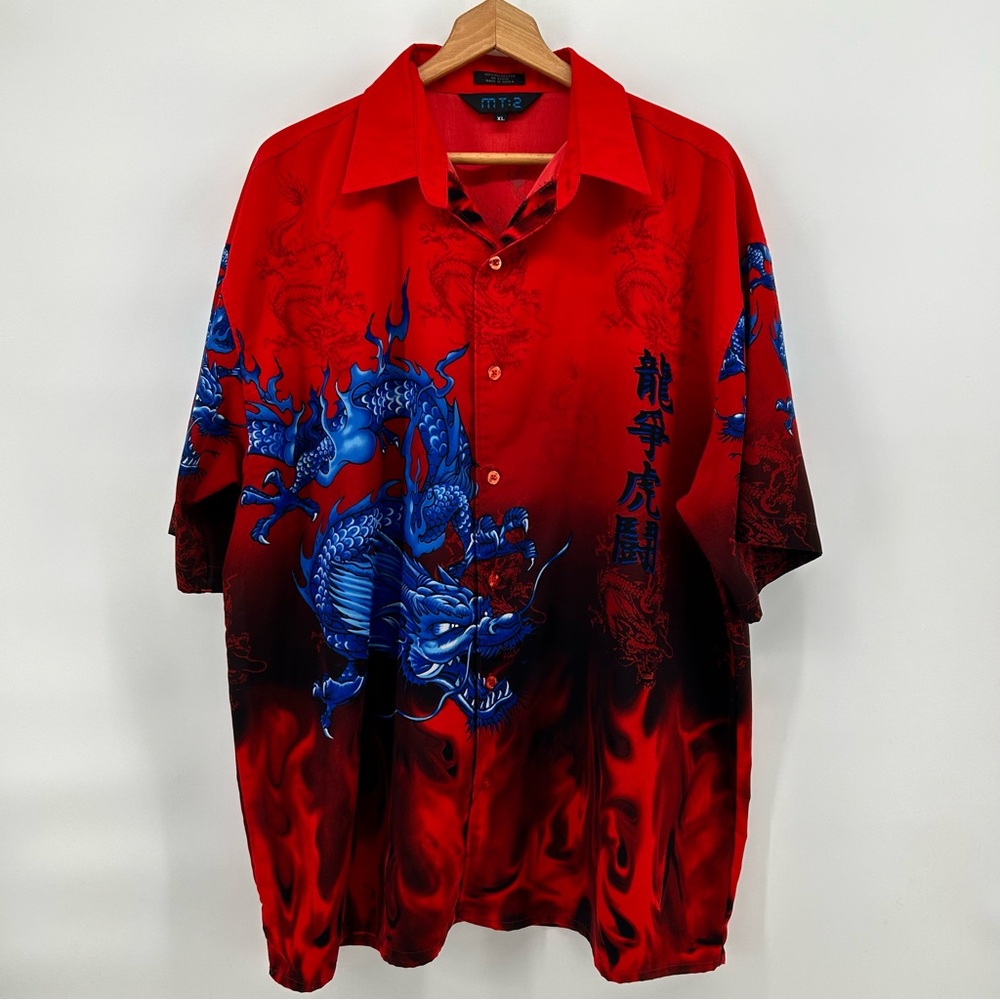 Vintage MT2 Shirt Mens XL Red with Blue Dragon Button Up All Graphic Camp Y2K